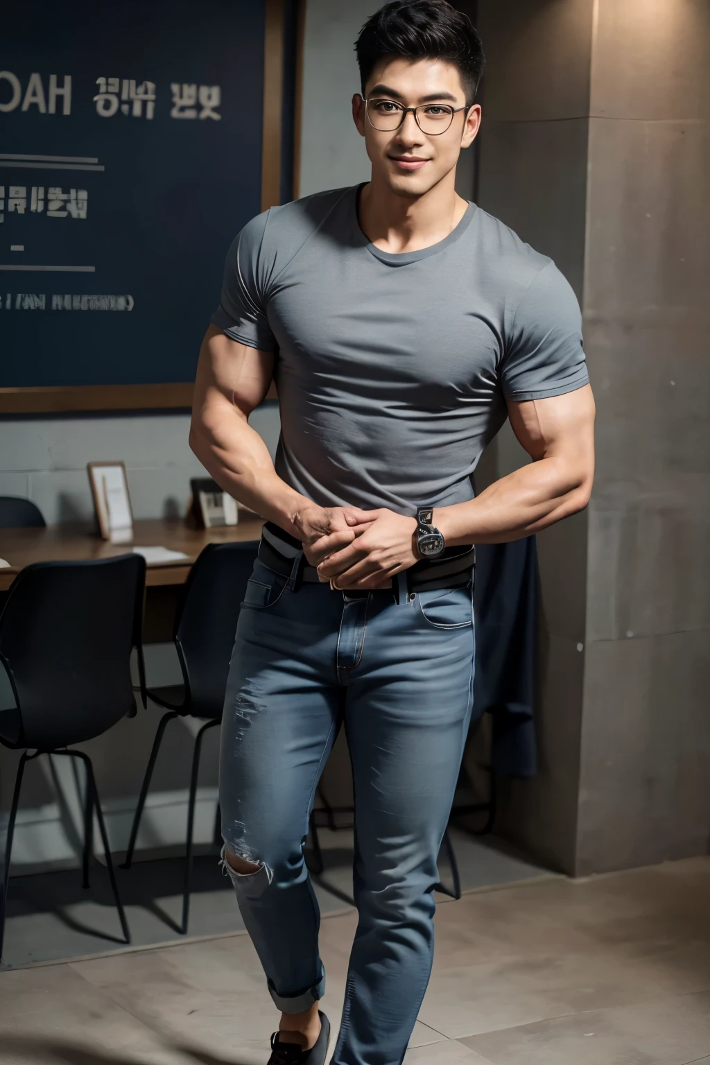 1 man, smile, full body, (Wearing a gray high round neck t-shirt.), Jeans, Korean people , korean men, (high glossy details), chest muscles, large arm muscles, blood vessel, big muscles, Broad shoulders, looking at the audience, Balancing the eyes, (Wear glasses), (Backpack), The background is a train station.