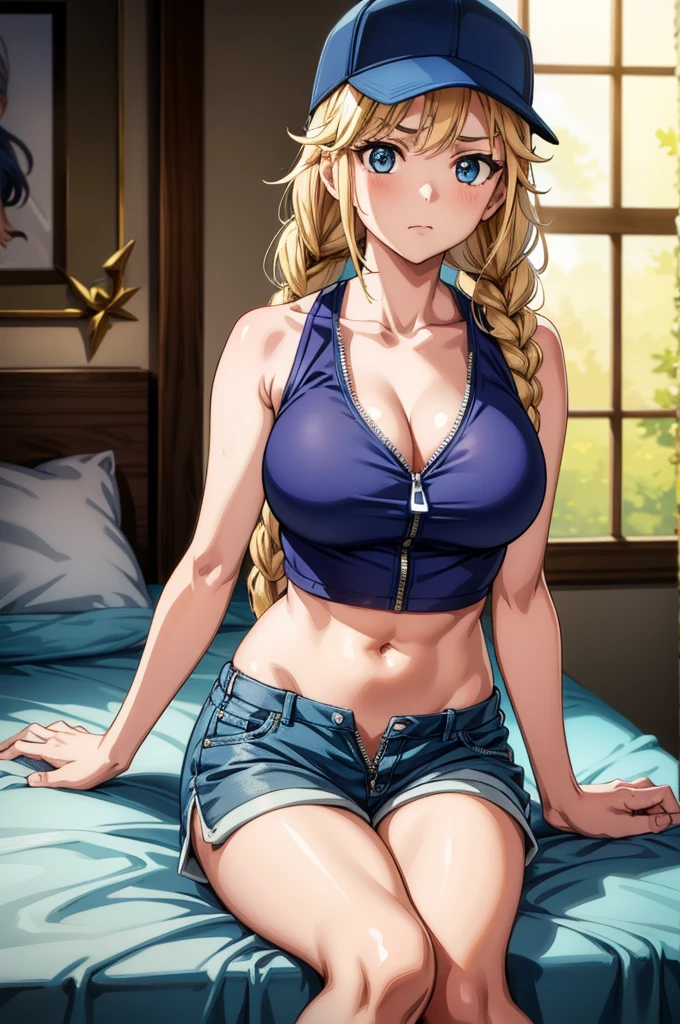 the woman with an anime/japanese hairstyle is naked on a bed, 1girl, solo, breasts, long hair, blonde hair, shorts, hat, navel, zipper pull tab, zipper, blue eyes, sitting, baseball cap, stomach, cleavage, twin braids, large breasts, braid, bare shoulders, crop top, sleeveless, very long hair, midriff, frown, bare arms, blue shorts, looking at viewer, collarbone, thighs, short shorts