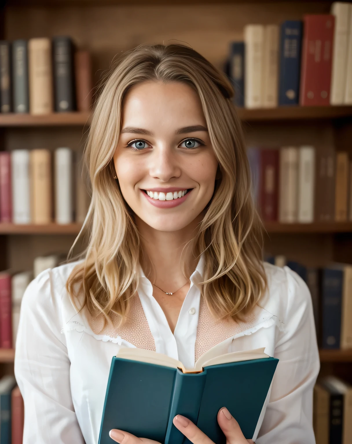 (beautiful, detailreiches Haar blond, blaue Augen, beautiful teeth, whole body recording, in the library with a book in hand(Adorable freckles), (charming smile, schelmischer Ausdruck), (verspielte Pose), (business dress), (wunderliche Brise, wallende Haare), (Bokeh-Hintergrund), (lebendige Farben, rich tones), (froh, sorglos), (fesselnd, Zauberhaft)