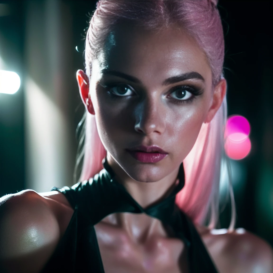 (((ultra realistic))) Photo, masterpiece, top quality, (pale skin), (Ultra detailed face and eyes:1.3), 1 girl, Adult, in a dress, ((Bright Deep Green eyes)), ((Eye makeup, Pink mascara)), ((large detailed red lips)), (((Black) straight hair)), ((Stylish hairstyle)) , (Natural ). ((Posing)), photoshoot, (Soft Lighting), (The play of light and shadows), depth of field, bokeh, (special attention to skin detail: 1.2), Detailed leather texture, detailed skin pores. (Erotic here of the frame. Color range - Pink, Silver, White tones), UDR, ((Film grain)), ((rays)), (Glare), ((face focused close-up portrait, close to the camera)), ultra detialed.