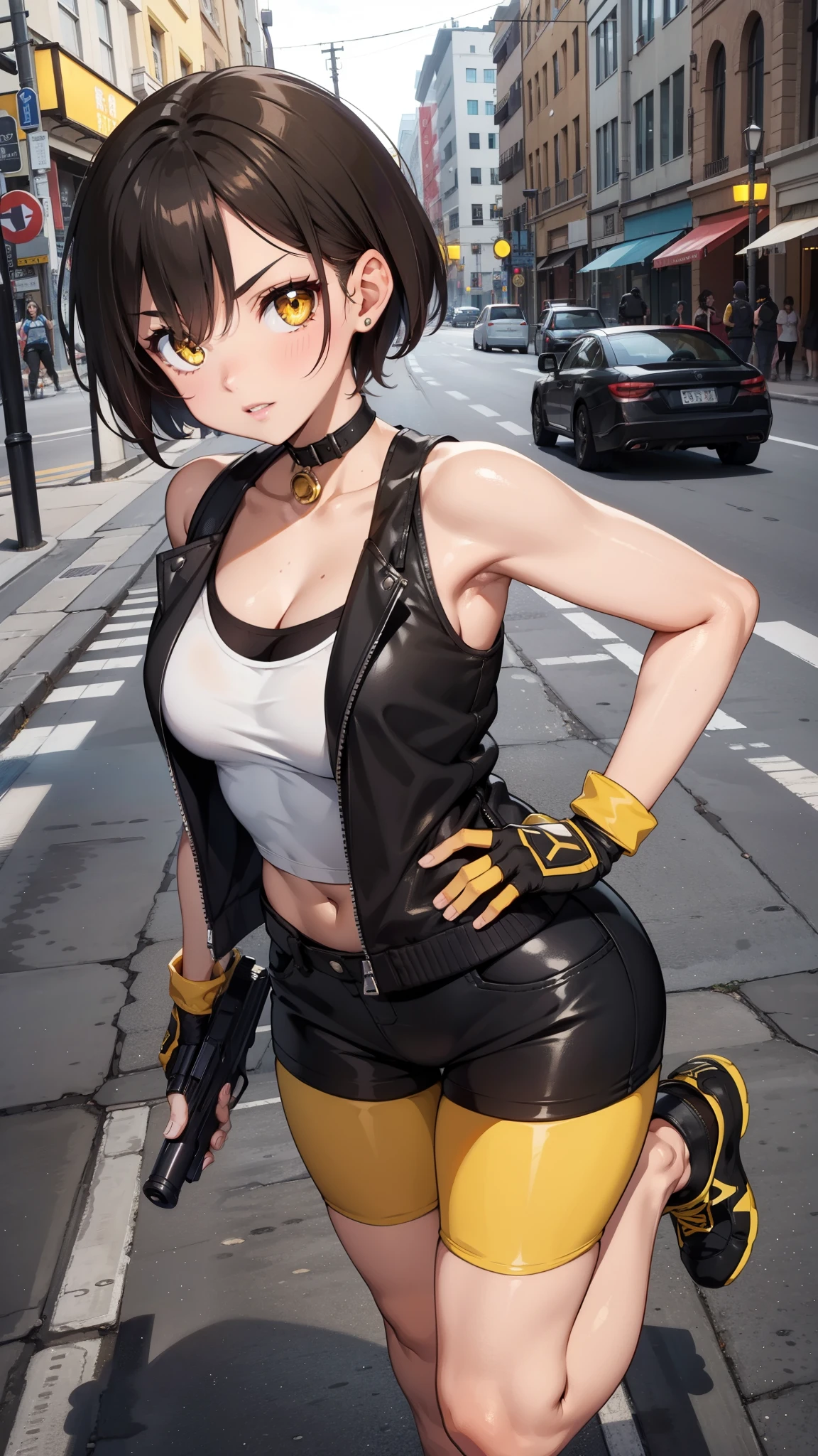 street dancer, short hair, brown hair, yellow glowing eyes, perfect lips, cute expression, cute face, cute pose, fingerless gloves, gun, tank top, jacket, cute pose, ultra detailed face, long eyelashes, sharp eyes , Fullbody shot, dinamic viewer,