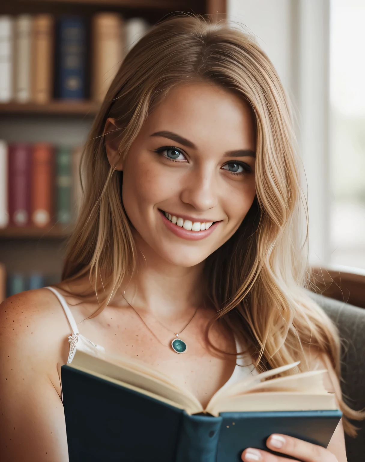 (beautiful, detailreiches Haar blond, blaue Augen, beautiful teeth, whole body recording, in the library with a book in hand(Adorable freckles), (charming smile, schelmischer Ausdruck), (verspielte Pose), (business dress), (wunderliche Brise, wallende Haare), (Bokeh-Hintergrund), (lebendige Farben, rich tones), (froh, sorglos), (fesselnd, Zauberhaft)
