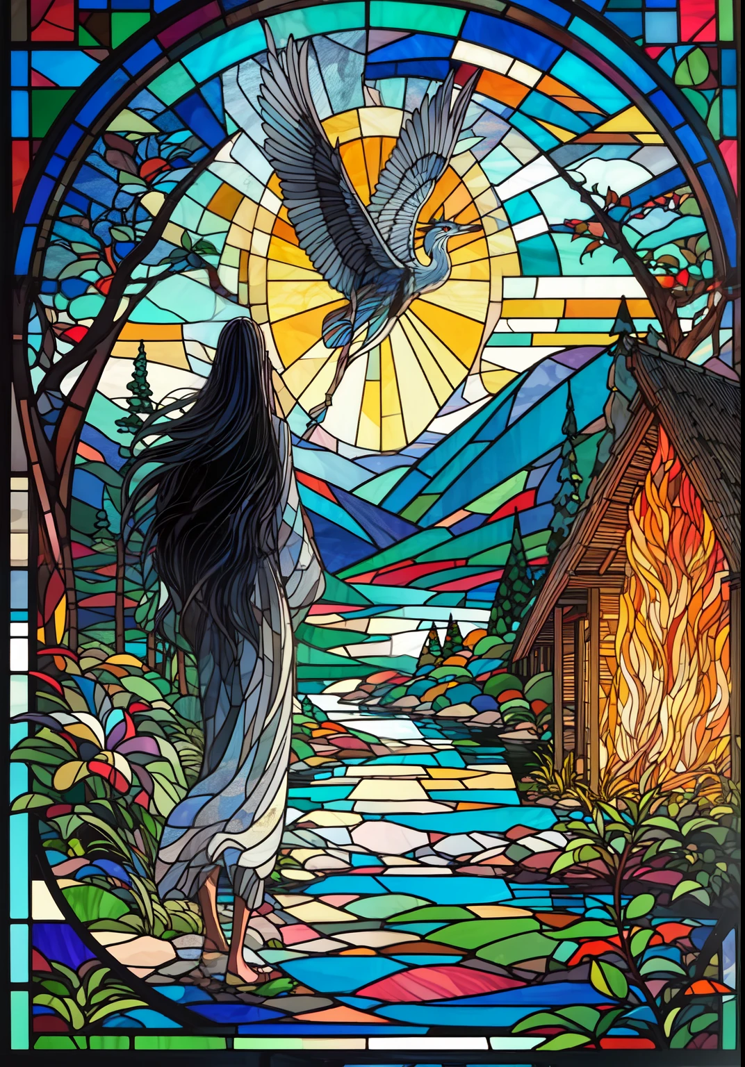 image in the style of stained glass:2, landscape, mountains, Mountain Trail 