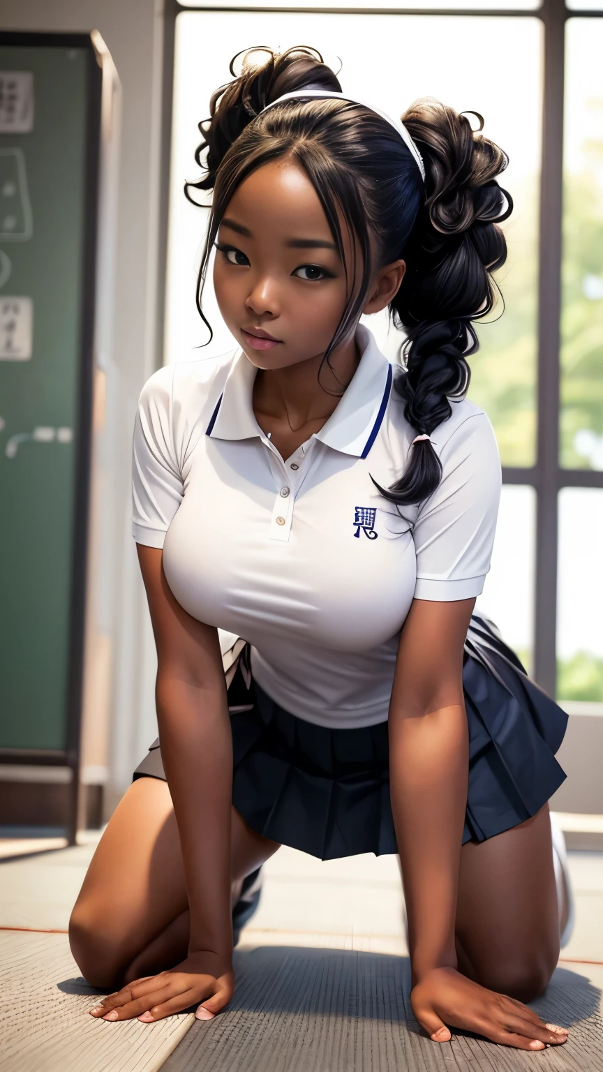linda mulher, pele escura, filipino, faculdade particular, uniforme, sweater vest, (decote), perneiras, messy bun, sala de aula, Pose sexy, Pose sedutora