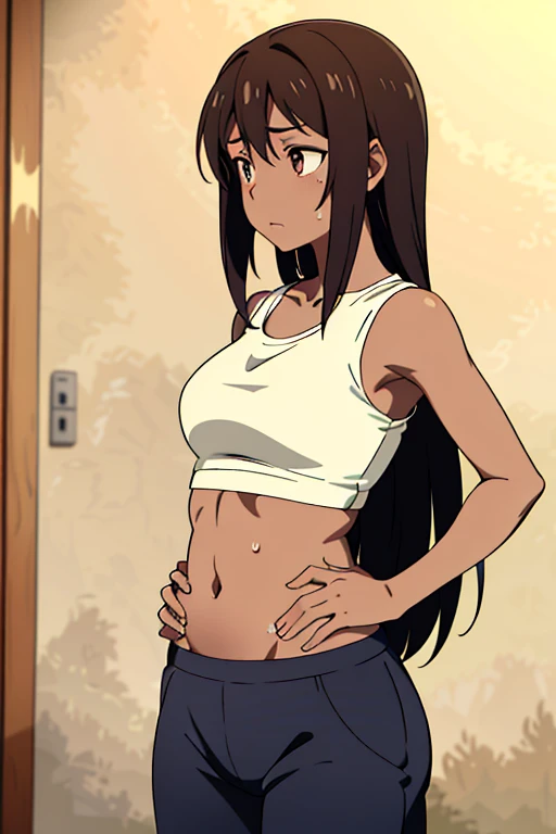 (masterpiece, top quality, best quality), brown skin anime girl wearing a sleeveless front-tied top and trousers, famished in hunger, (gently resting hands on stomach), (sweating), (long hair), (hands on her stomach)