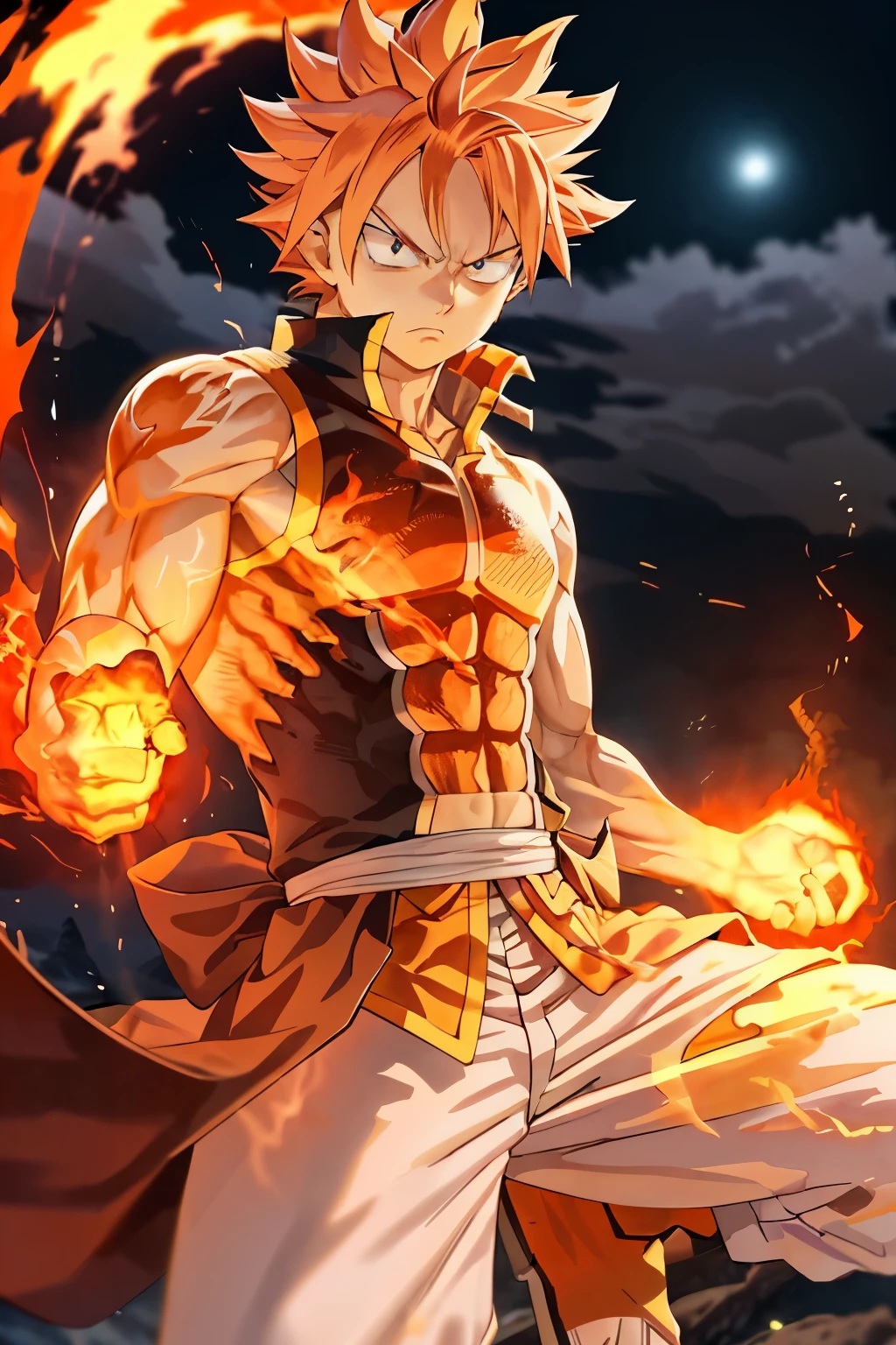 Orange-haired Goku, master of ultra instinct, radiates a holy orange aura with immense strength and might. His badass attitude is on full display against a volcanic background, the lava flows creating an ominous contrast to his serene expression. His muscles ripple with power, each detail sculpted in high definition. The orange hues of his hair blend seamlessly with the fiery backdrop, adding an otherworldly touch to this epic anime scene. The intense concentration etched on his face emphasizes the sheer power he wields, making for a truly awe-inspiring sight.