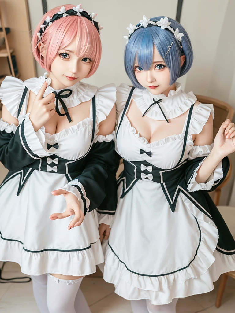 (8K, Photorealistic, Raw photo, of the highest quality: 1.3), (1girl in), Super beautiful, (Realistic face), (boyish, pink Color Berry Shorthair), Beautiful , Glare that captivates the viewer, Beautiful expression, Beautiful breasts, (Realistic skin), Be...Create a detailed and colorful image of Ram and Rem from Re:Zero, standing back-to-back in their maid outfits, with a magical fantasy background、ars old, two girls,cute, perfect face, beautiful, nice body, gothic lolita clothes, gothic lolita fashion, frilly skirt, headdress, necklace, bracelet, knee-high socks, boots, double eyelids, tear bags, Detailed down to the fingers, photo-like description, indoors, dim indoor lighting, one girl is pink hair and short bob, another girl is light blue hair and short bob,standing,whole body, composition that shows the whole body, smiling,The Both of them are wearing the same type of maid outfit,Optimal ratio of 4 fingers and 1 thumb