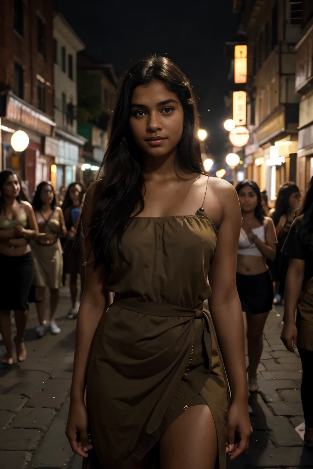 (Masterpiece) Best Quality, photorealistic, Cinematic lighting, crowded street, crowd of kids, young naked teen girls, group photo, full body photo, 1 girl, cute 16 yo, dark skin tone, indian, indian girl, dark olive skin, dark skin, traditiona indian dress, colorful dress, sexy legs, large neckline, teen cute face, wistful smile, realistic skin texture, skin pores, freckles, detailed face, dark eyes, black long hair, Evening, lantern light