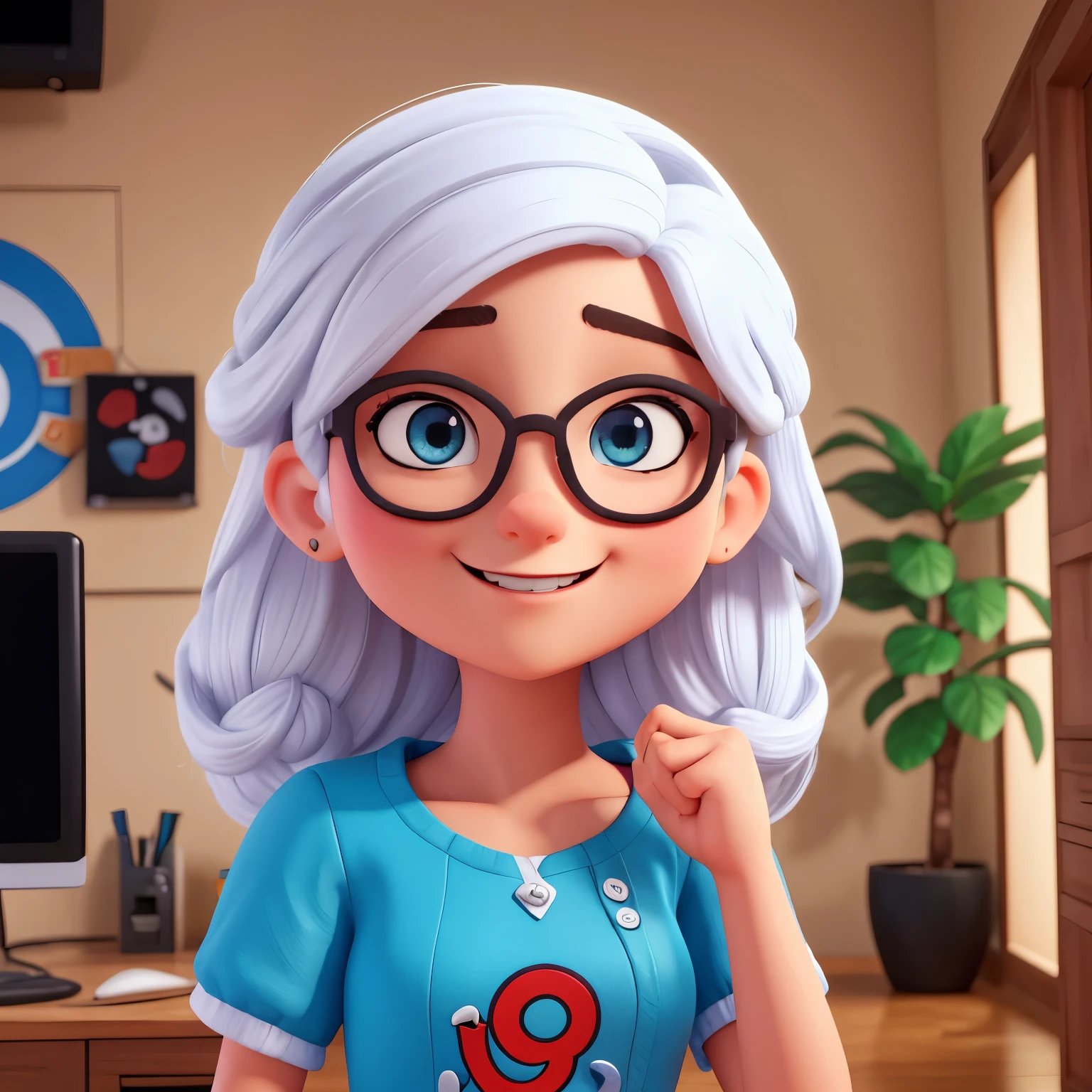 Personagem para logotipo, branca, cabelo cacheado loiro curto, olhos azuis, de oculos, fazendo pose, sentada com as maos sobre o rosto, fazendo careta engracada. One of her arms has a white video game controller and she is super happy. Com uma faixa escrito "Nanaá GAMER".