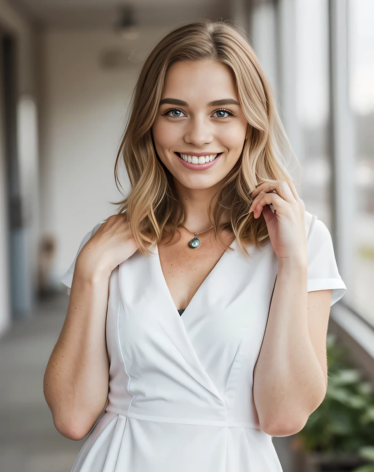 (beautiful, detailreiches Haar blond, blaue Augen, beautiful teeth, whole body recording, in der schule mit einem Apfel in der hand und in  (Adorable freckles), (charming smile, schelmischer Ausdruck), (verspielte Pose), (business dress), (wunderliche Brise, wallende Haare), (Bokeh-Hintergrund), (lebendige Farben, rich tones), (froh, sorglos), (fesselnd, Zauberhaft)