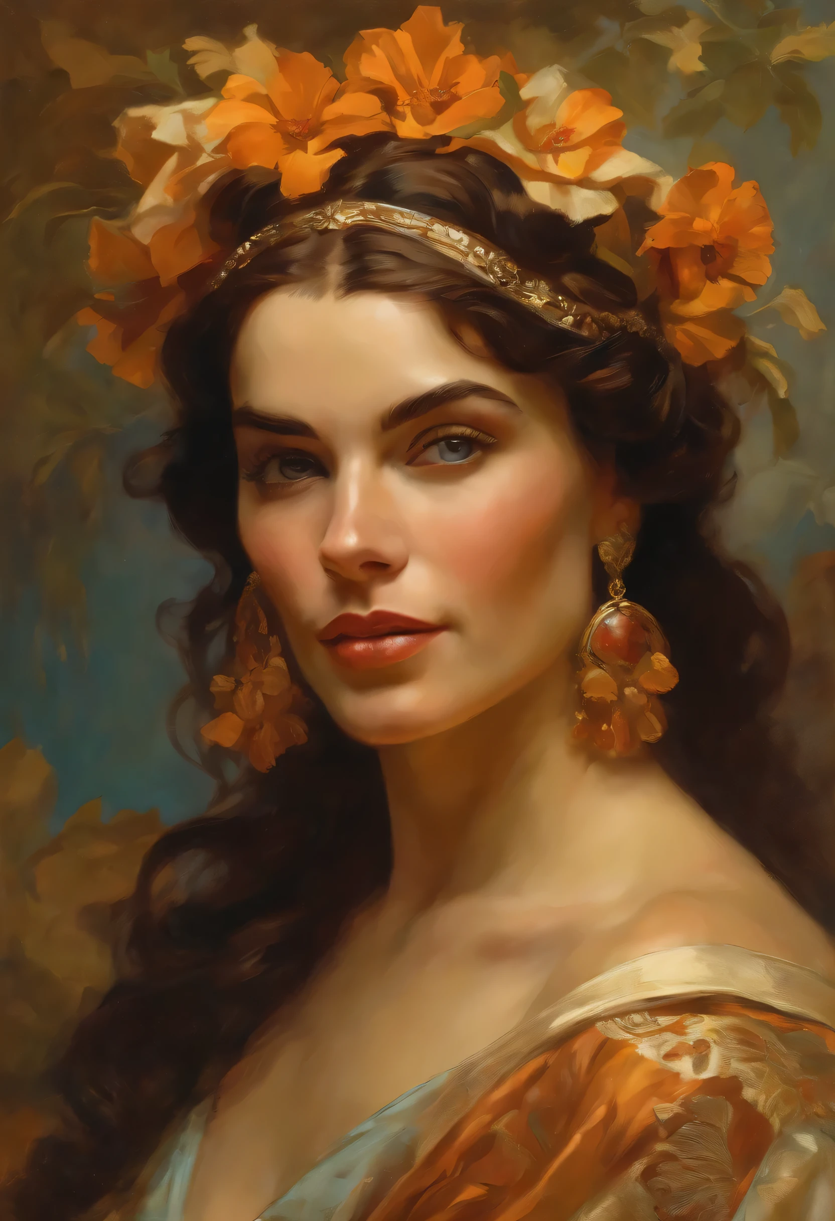retrato de (mulher sks) de bom humor, , mulher atraente, design de personagens, dynamic lighting, tonalidade fria e brilhante, Pintura de Gaston Bussiere, craig Mullins, J.. c. Leyendecker, Tone of Finland