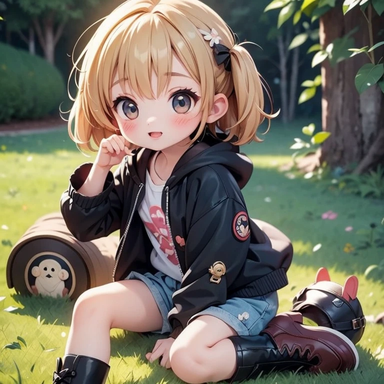 Cute chibi girl style,big eyes beustiful,kawii private outfit,black jacket,shorts pant,boots style rocker