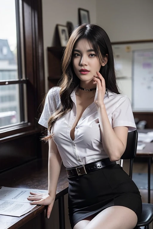 (Masterpiece, best quality, alone, รายละเอียดที่complicated, Chromatic aberration), realistic, ((Moderate breath)), hair on one eye,purple eyes, earring, sharp eyes, choker, (symmetrical eyes),(Perfect symmetrical body),Photo of a beautiful 24 year old girl, Beautiful and charming with contemporary fashion paintings as well..., looking at the audience, ((in the classroom background)), (1 Girl),(black short skirt), (Fitted white short sleeve shirt, Unbuttoning the buttons, revealing a little of the chest..), ((Short black pencil skirt with deep slit at the side.)), sugar belt, ((Put your hands down.)),copper blonde hair, bob, round chin, Art lens 85mm, Sharp focus, High resolution 8K, Crazy details, complicated, elegant,sitting on the study table Lift one leg to eye level, legs slightly apart.,big breasts,Big breasts, dynamic gesture, big breasts