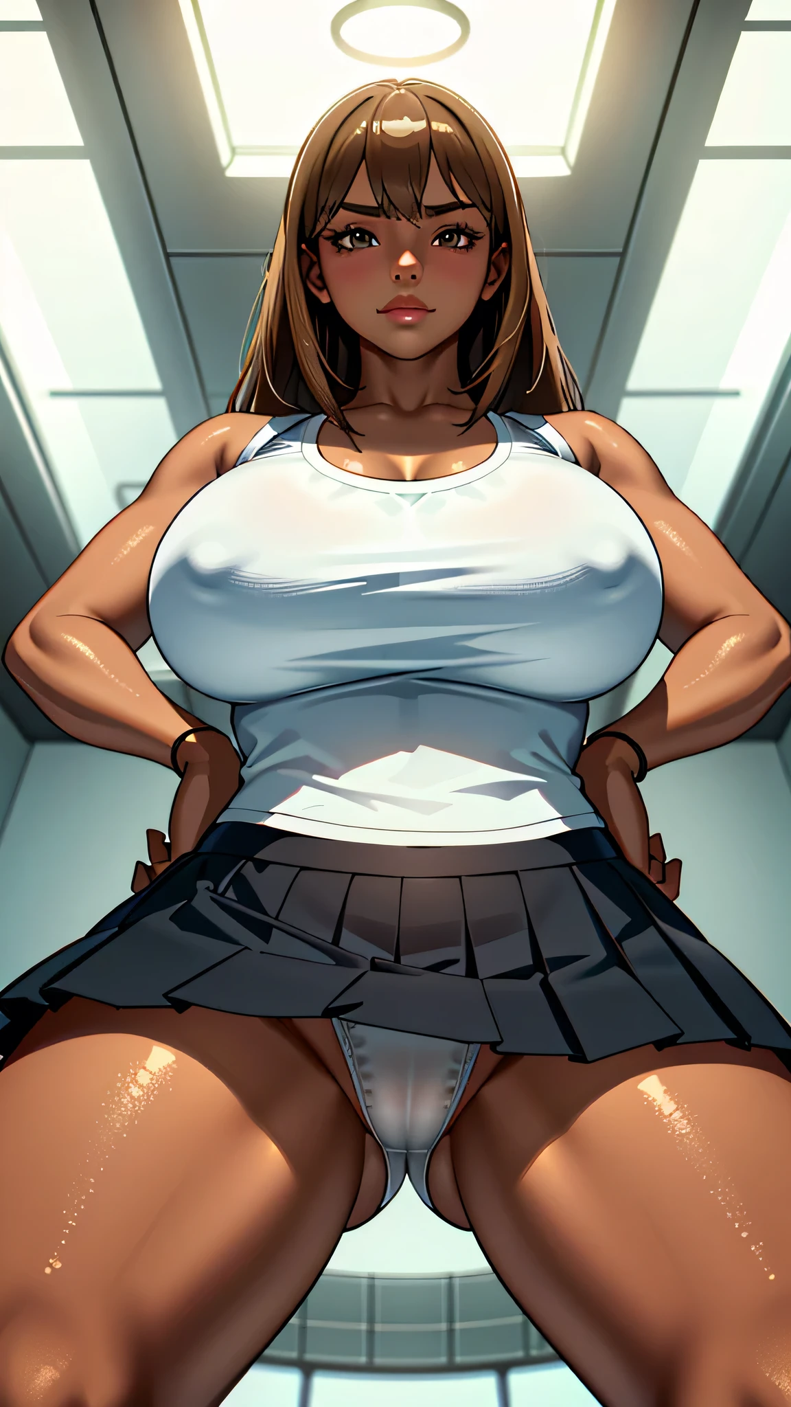1 girl,high school girl,High-cut underwear,((Low - Angle,Pointed Chest,、mini skirt,Pleated skirt,very elaborate white panties,the camera is between the thighs,angle of view of ceiling,pubic hair,cameltoe)),(from below:1.6),(Angle where you can see inside the skirt:1.7、From directly below:1.7),((highest quality, wonderful,8K, masterpiece :1.3)), (Realistic, photoRealistic:1.4),((Brown Skin)),(Very fine and beautiful skin,Black gal),blonde, Black gal,,Very detailed,Cinematic lighting, Detailed light, Best Shadow, Dynamic Angle(From directly below:1.1),Between the legs:1.5,Super big boobs:1.6, Voluptuous thighs, ,Indentation:1.5,Poolside