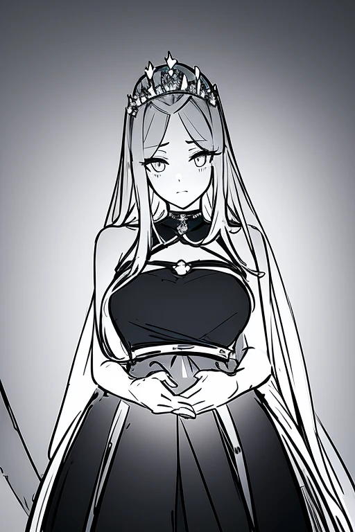 masterpiece, best quality, portrait, 1 adult woman, black background with a gray gradient from the bottom, long hair, clothes are a tight dress, white light comes from above, holds her hands behind her head, looks straight at the camera, Style is a black and white sketch image, she wears a tiara and has royal decorations, serious and cold eyes, small breasts
