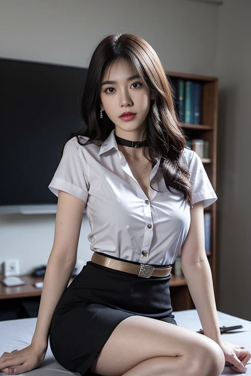 (Masterpiece, best quality, alone, รายละเอียดที่complicated, Chromatic aberration), realistic, ((Moderate breath)), hair on one eye,purple eyes, earring, sharp eyes, choker, (symmetrical eyes),(Perfect symmetrical body),Photo of a beautiful 24 year old girl, Beautiful and charming with contemporary fashion paintings as well..., looking at the audience, ((in the classroom background)), (1 Girl),(black short skirt), (Fitted white short sleeve shirt, Unbuttoning the buttons, revealing a little of the chest..), ((Short black pencil skirt with deep slit at the side.)), sugar belt, ((Put your hands down.)),copper blonde hair, bob, round chin, Art lens 85mm, Sharp focus, High resolution 8K, Crazy details, complicated, elegant,sitting on the study table Lift one leg to eye level, legs slightly apart.,big breasts,Big breasts, dynamic gesture, big breasts