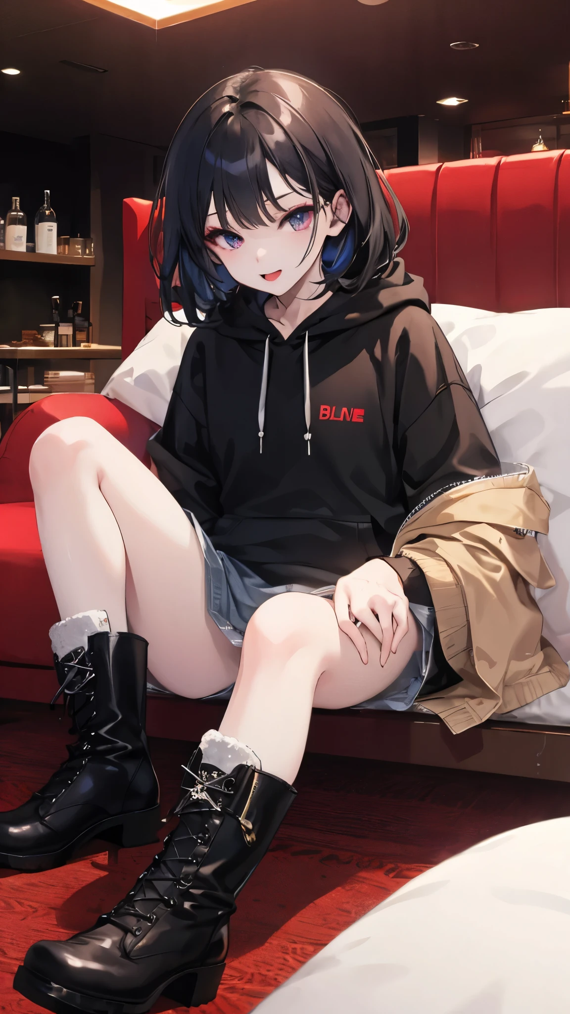 (((lovehotel)))、Hotel、8k,Super Detailed Game CG, (High resolution:1.1),(Absurd:1.1), highest quality,  Highest resolution, Very detailed, One girl,cute、contemptuous 、disdain、Sitting、
black and White hoodie、Red and black hoodie、White hoodie、Crossing your legs、Black platform boots、(((boots focus)))、
Black Hair、Black Hairロング、black eye、