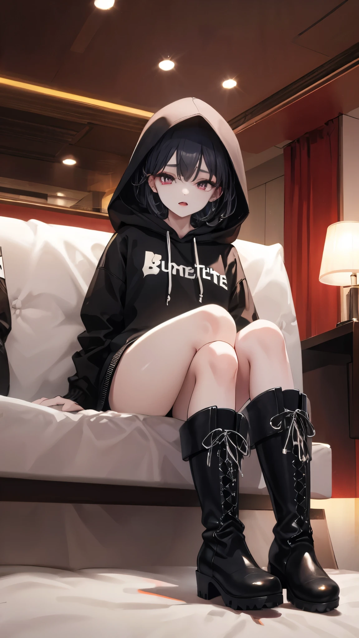 (((lovehotel)))、Hotel、8k,Super Detailed Game CG, (High resolution:1.1),(Absurd:1.1), highest quality,  Highest resolution, Very detailed, One girl,cute、contemptuous 、disdain、Sitting、
black and White hoodie、Red and black hoodie、White hoodie、Crossing your legs、Black platform boots、(((boots focus)))、
Black Hair、Black Hairロング、black eye、