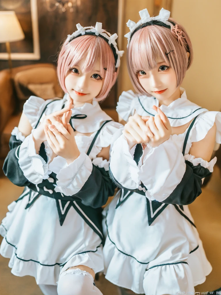 (8K, Photorealistic, Raw photo, of the highest quality: 1.3), (1girl in), Super beautiful, (Realistic face), (boyish, pink Color Berry Shorthair), Beautiful , Glare that captivates the viewer, Beautiful expression, Beautiful breasts, (Realistic skin), Be...Create a detailed and colorful image of Ram and Rem from Re:Zero, standing back-to-back in their maid outfits, with a magical fantasy background、14years old, two girls,cute, perfect face, beautiful, nice body, gothic ta clothes, gothic loliashion, frilly skirt, headdress, necklace, bracelet, knee-high socks, boots, double eyelids, tear bags, Detailed down to the fingers, photo-like description, indoors, dim indoor lighting, one girl is pink hair and short bob, another girl is light blue hair and short bob,standing,whole body, composition that shows the whole body, smiling,The Both of them are wearing the same type of maid outfit,Optimal ratio of 4 fingers and 1 thumb