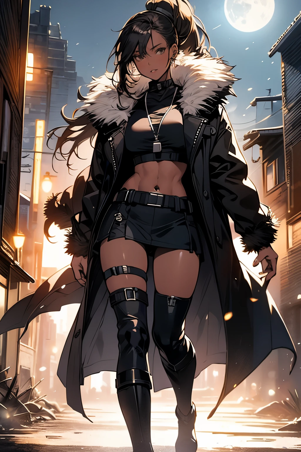 Original photo, best quality, full body photo), (Realistic, photo fidelity: 1.3), (Extremely delicate and beautiful: 1.1) 1 woman chiseled physique and wide hips, leggings, pleated skirt, sports top, high ponytail, high boots, long fur jacket, on a hazy moonlit night in a ghost town, monochrome style, line art, detailed face, detailed eye's, detailed lips, wide hips