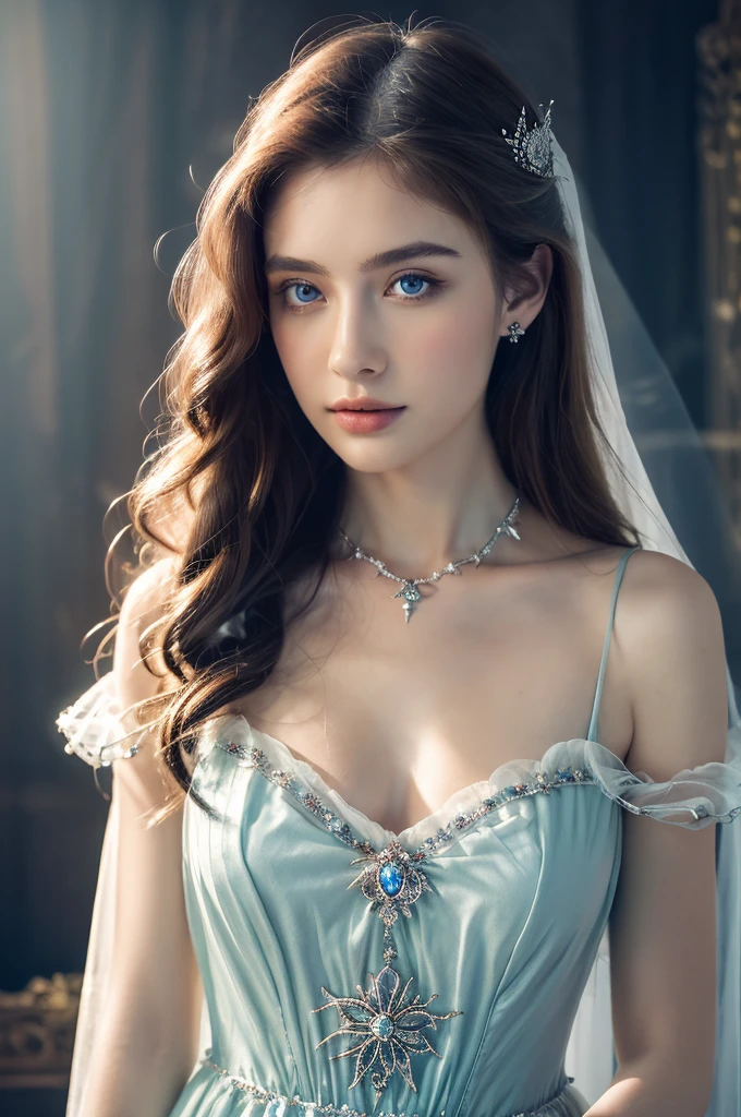 ( masterpiece, top quality, best quality,8k, girl,ultra detailed,raw photo:1.5),(photorealistic:1.4),(cinematic lighting), PerfectNwsjMajic, , Surrealism, UHD, ccurate, Super detail, textured skin, High detail, Best quality, dynamic angle, (high nose,White skin),[Beautiful blue eyes],[flat chest:large breasts:0.5],(1girl),(good anatomy:0.5)), of a woman in a dress with a Magic , ((a beautiful fantasy empress)), beautiful fantasy maiden, Dreamy atmosphere,mystical ambiance, Artistic interpretation,a whimsical illustration, Subtle colors and tones, mystical aura, jewelry, splendor,portrait