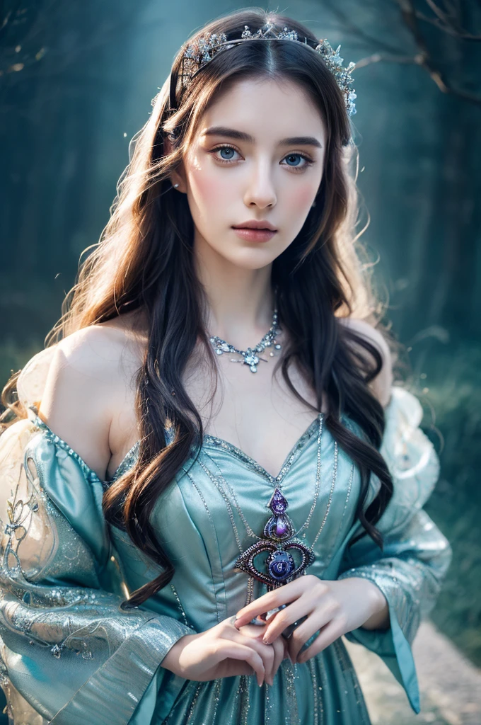 ( masterpiece, top quality, best quality,8k, girl,ultra detailed,raw photo:1.5),(photorealistic:1.4),(cinematic lighting), PerfectNwsjMajic, , Surrealism, UHD, ccurate, Super detail, textured skin, High detail, Best quality, dynamic angle, (high nose,White skin),[Beautiful blue eyes],[flat chest:large breasts:0.5],(1girl),(good anatomy:0.5)), of a woman in a dress with a Magic , ((a beautiful fantasy empress)), beautiful fantasy maiden, Dreamy atmosphere,mystical ambiance, Artistic interpretation,a whimsical illustration, Subtle colors and tones, mystical aura, jewelry, splendor,portrait