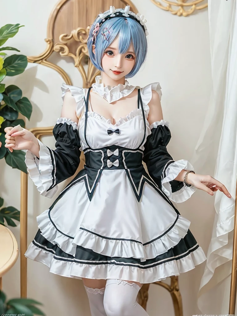 (8K, Photorealistic, Raw photo, of the highest quality: 1.3), (1girl in), Super beautiful, (Realistic face), (boyish, pink Color Berry Shorthair), Beautiful , Glare that captivates the viewer, Beautiful expression, Beautiful breasts, (Realistic skin), Be...Create a detailed and colorful image of Ram and Rem from Re:Zero, standing back-to-back in their maid outfits, with a magical fantasy background、14years old, two girls,cute, perfect face, beautiful, nice body, gothic lolita clothes, gothic lolita fashion, frilly skirt, headdress, necklace, bracelet, knee-high socks, boots, double eyelids, tear bags, Detailed down to the fingers, photo-like description, indoors, dim indoor lighting, one girl is pink hair and short bob, another girl is light blue hair and short bob,standing,whole body, composition that shows the whole body, smiling,The Both of them are wearing the same type of maid outfit,Optimal ratio of 4 fingers and 1 thumb