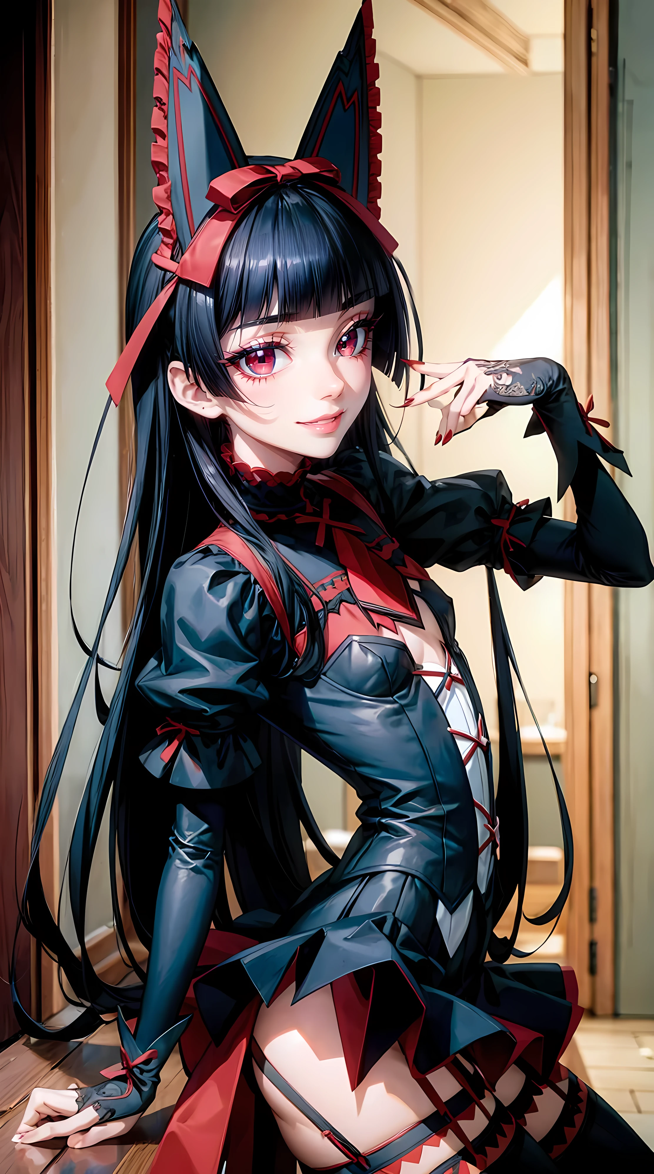 Rory Mercury, Rory Mercury, Black hair, blunt bangs, hime cut, hair ornament, black lipstick, very long hair, Pretty face, makeup, (:1.2), (red eyes:1.5), BREAK Gothic lingerie, perfect body (small breasts:1.3) Hornny, Sexy, BREAK in full height, red shoes, BREAK Black stockings, Black BREAK gloves, черные Hips, garter straps, gloves, gotik, Hair Bow, Detailed Gothic Fashion, puffy short sleeves, puffy sleeves, short sleeves, Hips, BREAK, teyvat, Court of Fontaine, Fontaine, BREAK looks at the viewer, BREAK (masterpiece:1.2), best quality, high resolution, Ultra HDR, Unity 8K wallpaper, (illustration:0.8), (beautiful detailed eyes:1.6), extremely detailed face, perfect lighting, Extremely detailed computer graphics, (perfect hands, Perfect Wrist, two arms, five fingers on the hand, red manicure, detailed fingers, perfect anatomy),