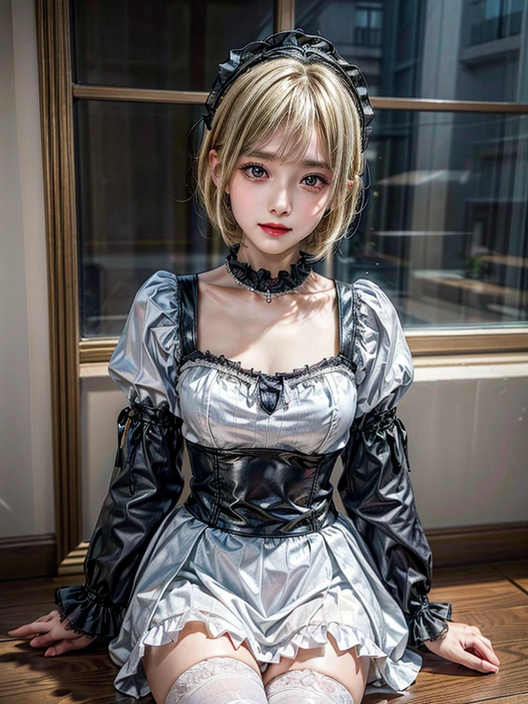 (8K, Photorealistic, Raw photo, of the highest quality: 1.3), (1girl in), Super beautiful, (Realistic face), (boyish, Silver Color Berry Shorthair), Beautiful , Glare that captivates the viewer, Beautiful expression, Beautiful breasts, (Realistic skin), Be...Super high quality, super high definition, super detailed, masterpiece, 20years old, female, cute, perfect face, beautiful, nice body, gothic lolita clothes, gothic lolita fashion, frilly skirt, headdress, necklace, bracelet, knee-high socks, boots, double eyelids, tear bags, Detailed down to the fingers, photo-like description, indoors, dim indoor lighting, blonde hair, short bob, standing, whole body, composition that shows the whole body, smiling