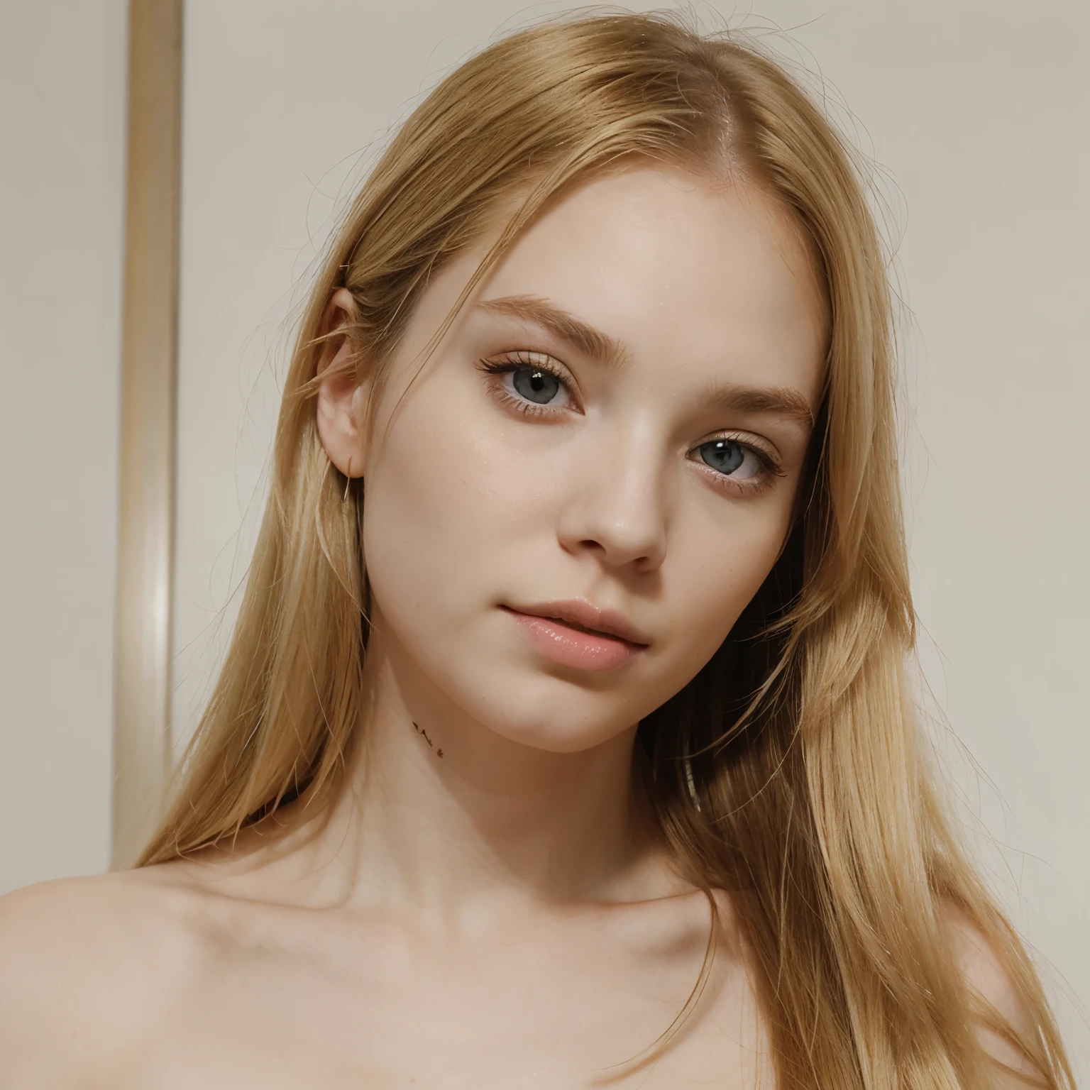 A beautiful woman with natural blonde hair and a straight hair and a very  white pale skin