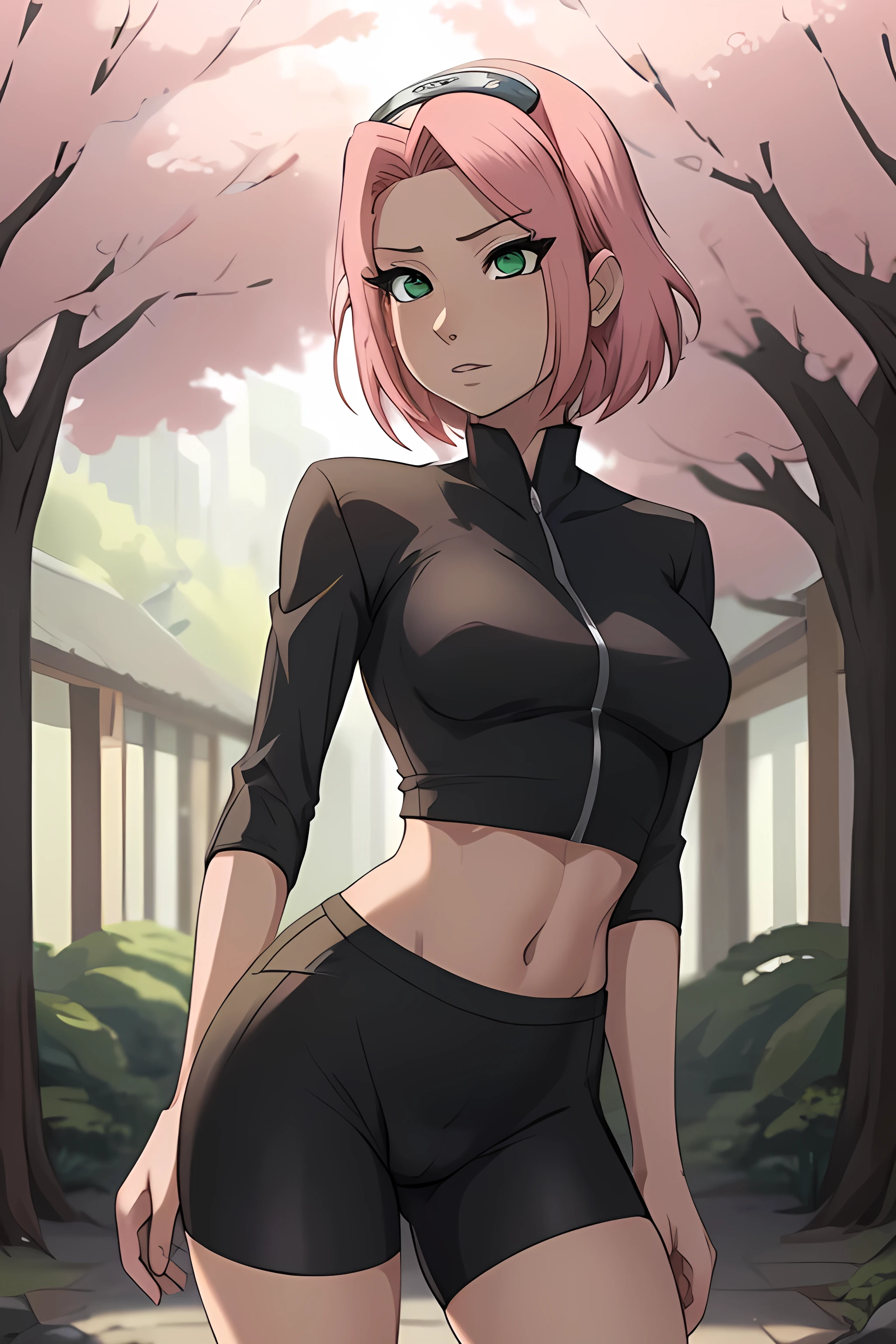 ((ultra quality)), ((masterpiece)), haruno sakuro, naruto, ((pink short hair)), (beautiful cute face), (beautiful female lips), charming, ((sexy facial expression)), looks at the camera, eyes slightly open, (skin color white), (blue skin), glare on the body, ((detailed beautiful female eyes)), ((green eyes)), (juicy female lips), (black eyeliner), (beautiful female hands), ((ideal female figure)), ideal female body, beautiful waist, gorgeous thighs, beautiful small breasts, ((subtle and beautiful)), stands temptingly (close up of face), (sakura haruno clothing, black tight shorts leggings, Hidden Leaf Village Shinobi Clothes) background: hidden leaf village, Naruto Shippuden, ((depth of field)), ((high quality clear image)), (clear details), ((high detail)), realistically, professional photo session, ((Clear Focus)), anime, midriff