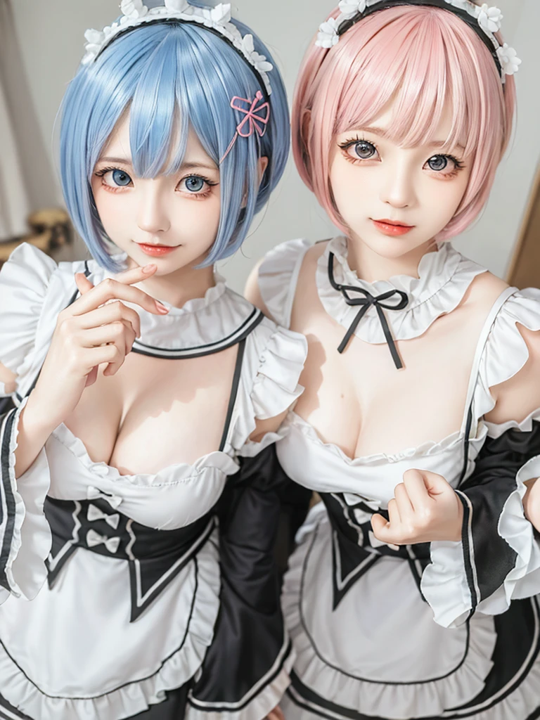 (8K, Photorealistic, Raw photo, of the highest quality: 1.3), (1girl in), Super beautiful, (Realistic face), (boyish, pink Color Berry Shorthair), Beautiful , Glare that captivates the viewer, Beautiful expression, Beautiful breasts, (Realistic skin), Be...Create a detailed and colorful image of Ram and Rem from Re:Zero, standing back-to-back in their maid outfits, with a magical fantasy background、14years old, two girls,cute, perfect face, beautiful, nice body, gothic ta clothes, gothic loliashion, frilly skirt, headdress, necklace, bracelet, knee-high socks, boots, double eyelids, tear bags, Detailed down to the fingers, photo-like description, indoors, dim indoor lighting, one girl is pink hair and short bob, another girl is light blue hair and short bob,standing,whole body, composition that shows the whole body, smiling,The Both of them are wearing the same type of maid outfit,Optimal ratio of 4 fingers and 1 thumb