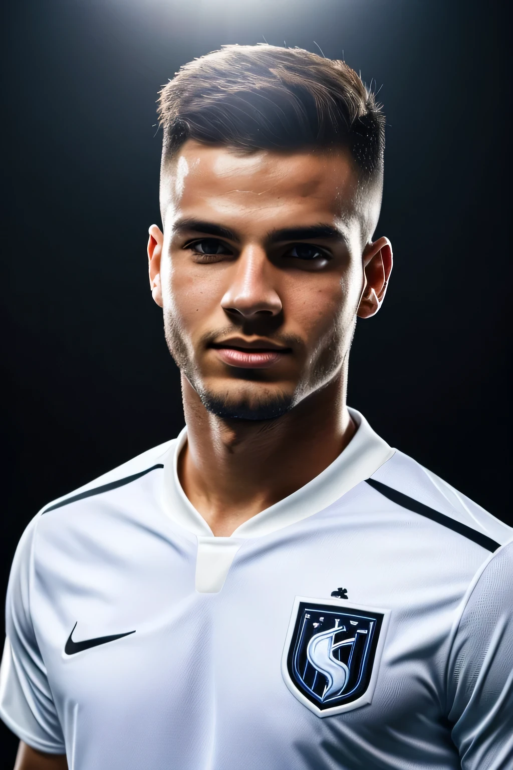 front-view, frontal photo, sporting a crisp white soccer uniform, shot focused from the upper chest upward, vibrant, photo, dramatic lighting, black but elegant backdrop, UHD drawing, ID photo, France man, brown buzz-cut, beared