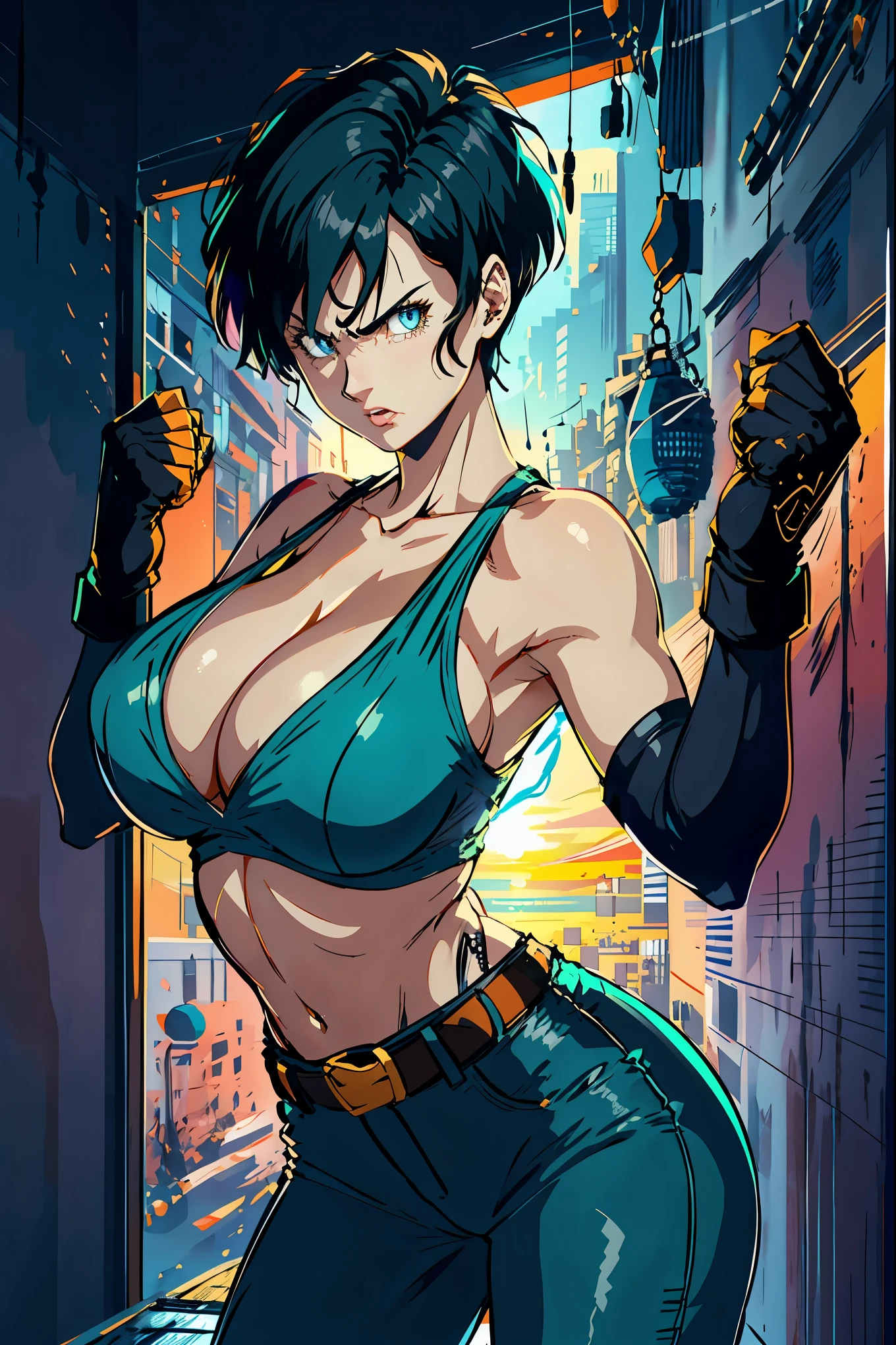 hyper largest_breasts!! with the type of elons, , Waifu, masterpiece, curvy, breasts, random hairs, random colors, full sunset, gloves, 1girl, Gal Gadot, cleavage, large breasts, tank top, blue eyes, rating:explicit,rule34, hardcore, ,,clenched hands, punching, night, sky, jumpsuit, pants, bare shoulders, clenched hand, rating:questionable, short hair, belt, green hair, solo, angry, orange gloves, lip biting(gigantic and massive tits:1.1), breasts, official illustration, illustration, detailed face, beautiful intricate eyes, curvy milf, 1:2), closeup, titsnipples