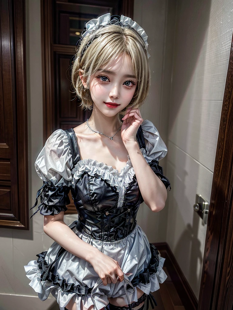 (8K, Photorealistic, Raw photo, of the highest quality: 1.3), (1girl in), Super beautiful, (Realistic face), (boyish, Silver Color Berry Shorthair), Beautiful , Glare that captivates the viewer, Beautiful expression, Beautiful breasts, (Realistic skin), Be...Super high quality, super high definition, super detailed, masterpiece, 20years old, female, cute, perfect face, beautiful, nice body, gothic lolita clothes, gothic lolita fashion, frilly skirt, headdress, necklace, bracelet, knee-high socks, boots, double eyelids, tear bags, Detailed down to the fingers, photo-like description, indoors, dim indoor lighting, blonde hair, short bob, standing, whole body, composition that shows the whole body, smiling