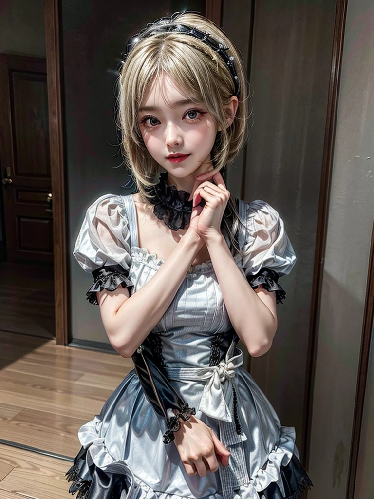 (8K, Photorealistic, Raw photo, of the highest quality: 1.3), (1girl in), Super beautiful, (Realistic face), (boyish, Silver Color Berry Shorthair), Beautiful , Glare that captivates the viewer, Beautiful expression, Beautiful breasts, (Realistic skin), Be...Super high quality, super high definition, super detailed, masterpiece, 20years old, female, cute, perfect face, beautiful, nice body, gothic lolita clothes, gothic lolita fashion, frilly skirt, headdress, necklace, bracelet, knee-high socks, boots, double eyelids, tear bags, Detailed down to the fingers, photo-like description, indoors, dim indoor lighting, blonde hair, short bob, standing, whole body, composition that shows the whole body, smiling