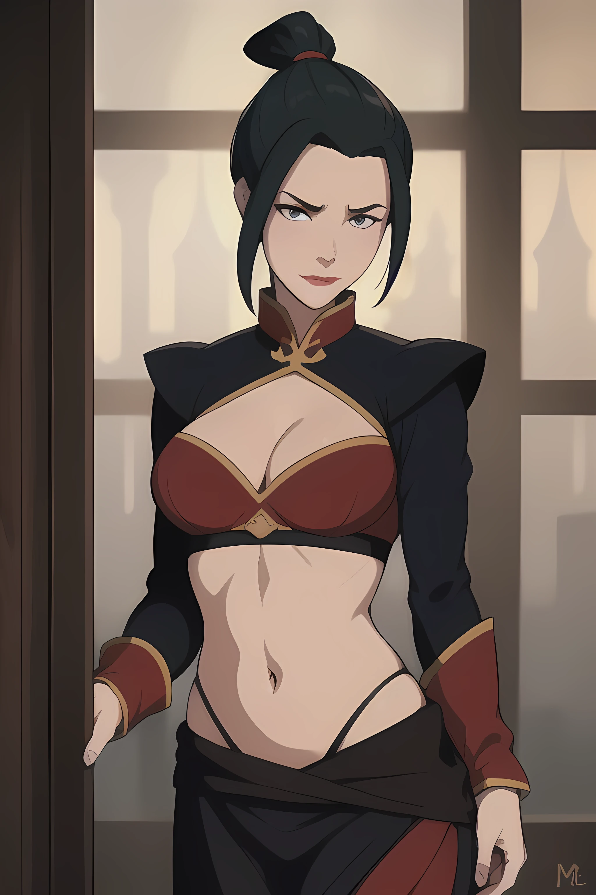 (dark theme:0.6), (dark shot:1.1), epic realistic, (dark shot:1.4), 80mm, (anime), (illustration), cartoon, detailed, azula, 1girl, solo, short hair, black hair, hair ornament, ponytail,  brown eyes,  lipstick,  red lips ,maid, embarrassed, blush, art by greg rutkowski and artgerm, soft cinematic light, adobe lightroom, photolab, hdr, intricate, highly detailed, (depth of field:1.4), soft light, sharp, exposure blend, medium shot, bokeh, (hdr:1.4), high contrast, (cinematic, teal and orange:0.85), (muted colors, dim colors, soothing tones:1.3), low saturation, (hyperdetailed:1.2), (noir:0.4), faded, (neutral colors:1.2), (hdr:1.4), (muted colors:1.2), hyperdetailed, (artstation:1.4), cinematic, warm lights, dramatic light, (intricate details:1.1), complex background, (rutkowski:0.66), (teal and orange:0.4), (hdr:1.22), muted colors, complex background, hyperdetailed, art [[by jordan grimmer]], ((midriff)), ((cleavage)), (perfect eyes), (looking at viewer)