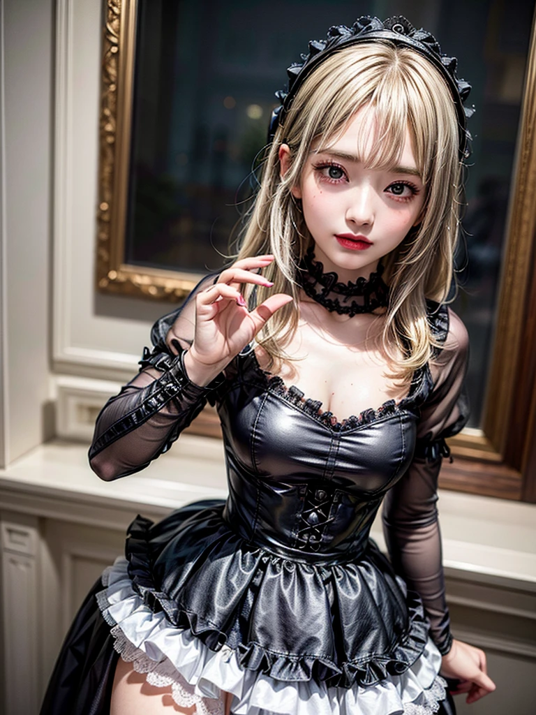 (8K, Photorealistic, Raw photo, of the highest quality: 1.3), (1girl in), Super beautiful, (Realistic face), (boyish, Silver Color Berry Shorthair), Beautiful , Glare that captivates the viewer, Beautiful expression, Beautiful breasts, (Realistic skin), Be...Super high quality, super high definition, super detailed, masterpiece, 20years old, female, cute, perfect face, beautiful, nice body, gothic ta clothes, gothic loliashion, frilly skirt, headdress, necklace, bracelet, knee-high socks, boots, double eyelids, tear bags, Detailed down to the fingers, photo-like description, indoors, dim indoor lighting, blonde hair, short bob, standing, whole body, composition that shows the whole body, smiling