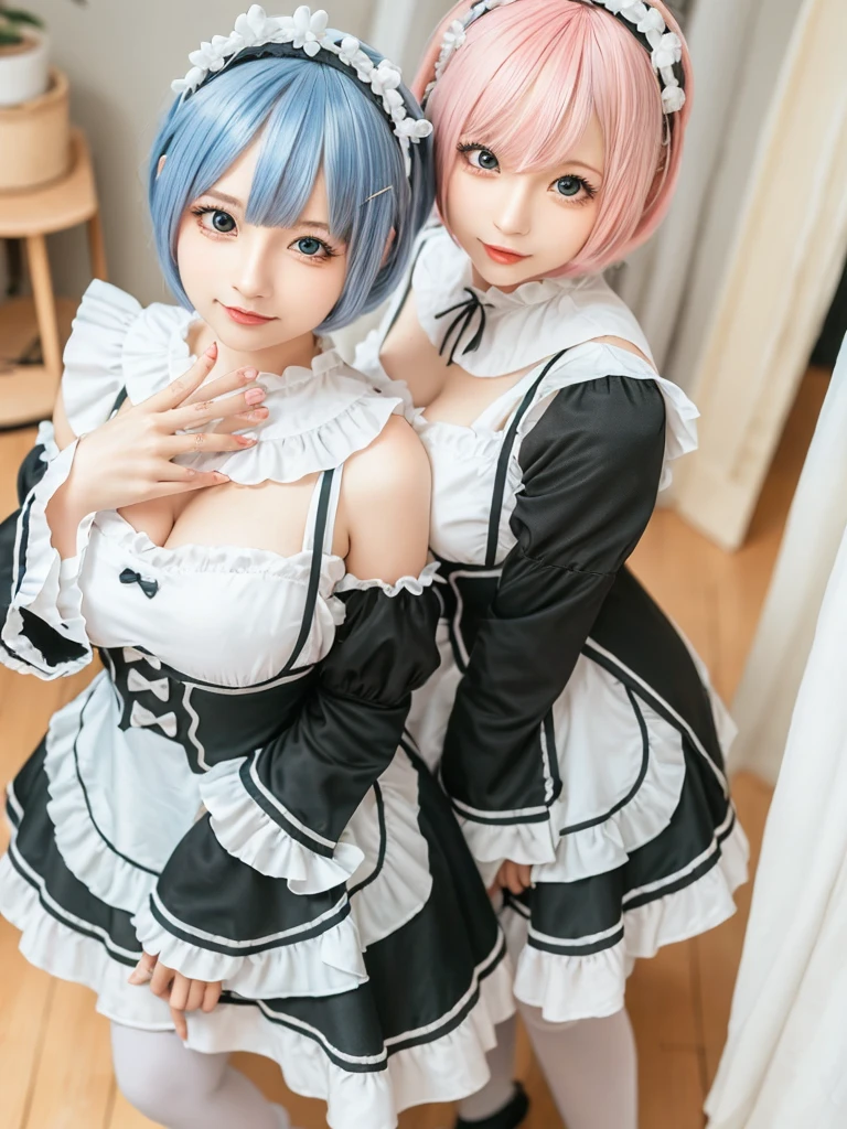 (8K, Photorealistic, Raw photo, of the highest quality: 1.3), (1girl in), Super beautiful, (Realistic face), (boyish, pink Color Berry Shorthair), Beautiful , Glare that captivates the viewer, Beautiful expression, Beautiful breasts, (Realistic skin), Be...Create a detailed and colorful image of Ram and Rem from Re:Zero, standing back-to-back in their maid outfits, with a magical fantasy background、14years old, two girls,cute, perfect face, beautiful, nice body, gothic lolita clothes, gothic lolita fashion, frilly skirt, headdress, necklace, bracelet, knee-high socks, boots, double eyelids, tear bags, Detailed down to the fingers, photo-like description, indoors, dim indoor lighting, one girl is pink hair and short bob, another girl is light blue hair and short bob,standing,whole body, composition that shows the whole body, smiling,The Both of them are wearing the same type of maid outfit,Optimal ratio of 4 fingers and 1 thumb