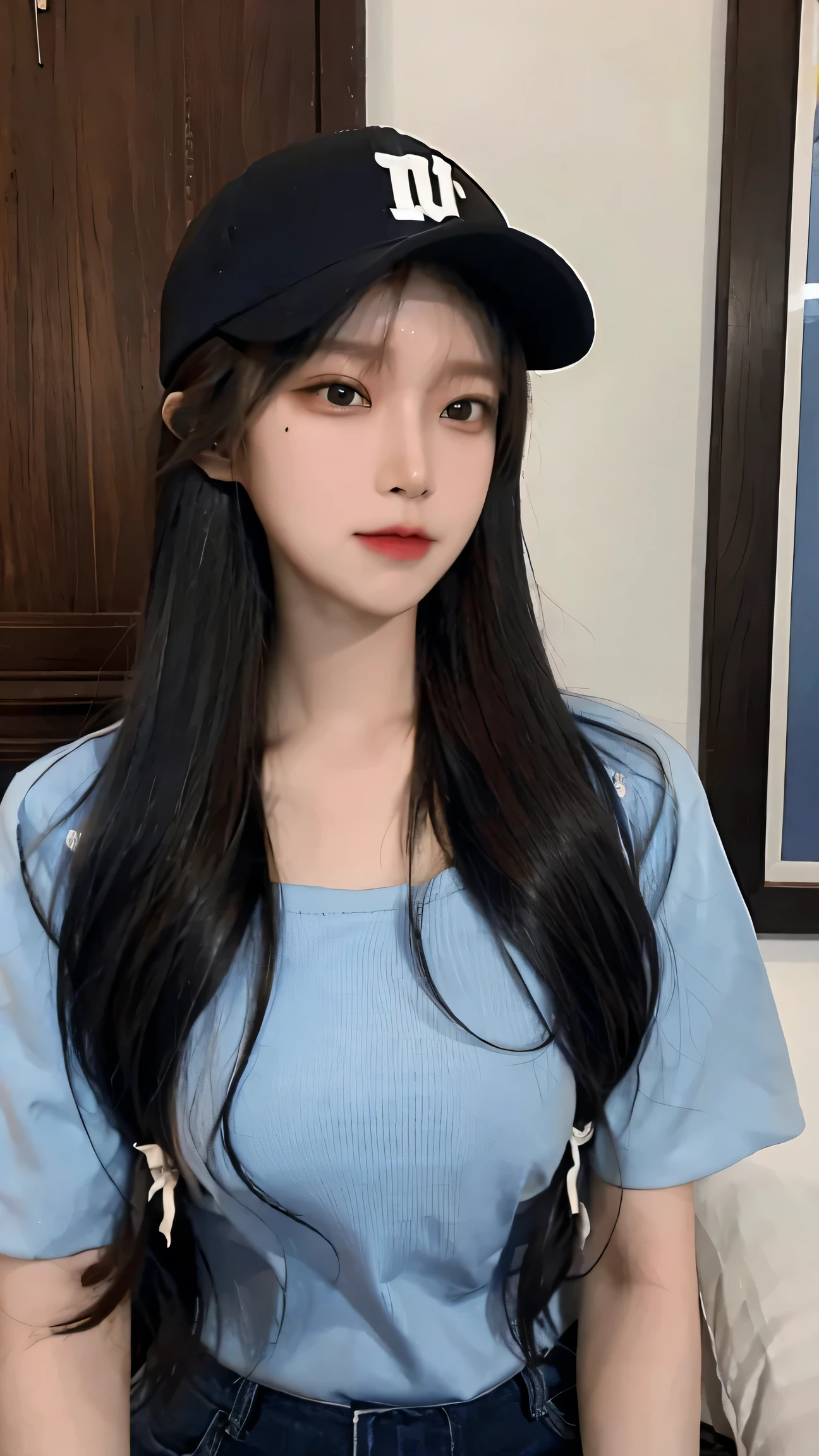 arafed woman with long hair wearing a hat and a blue shirt, ulzzang, with flowers, heonhwa choe, profile pic, beautiful south korean woman, dilraba dilmurat, jinyoung shin, korean girl, taejune kim, sakimichan, jisoo from blackpink, seseon yoon, kim doyoung, beautiful young korean woman