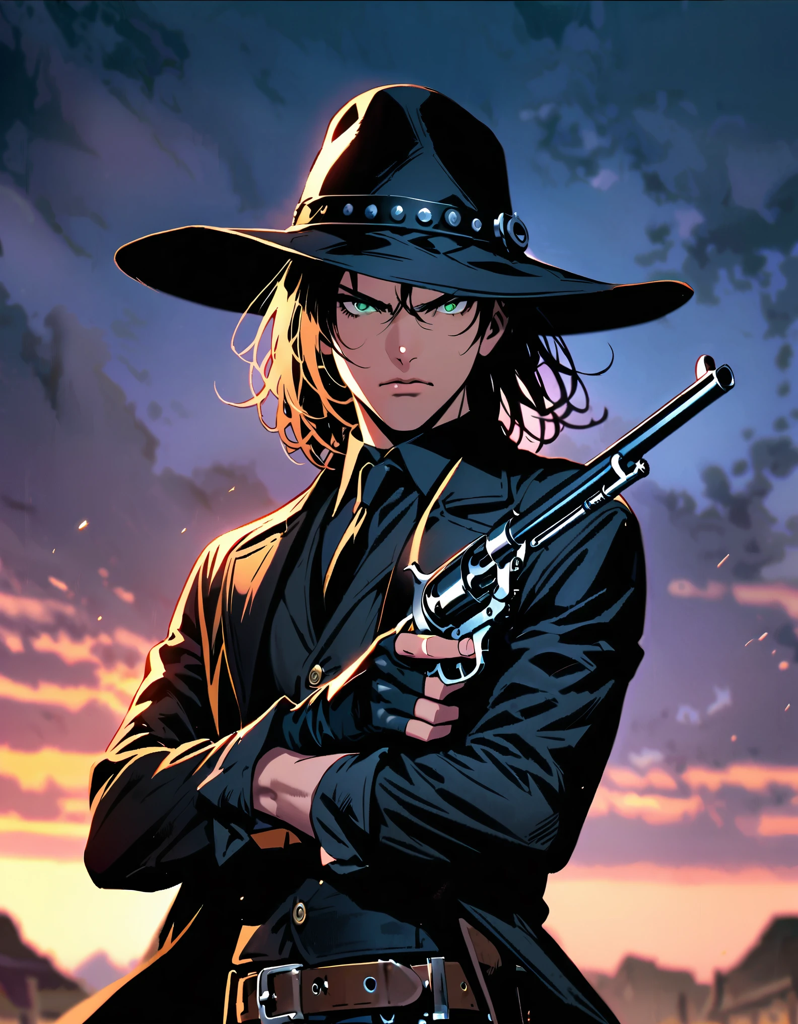semi-realistic, solo, solo focus, 1 young black-haired man, long black vest, serious look, 1 man, green eyes, full body shot, cowboy bounty hunter on modern setting, cowboy shot, black hat, black shirt, necktie, long black coat, fingerless gloves, black pants, belt buckle, shoes, serious look, (holding gun, holding weapon, Colt revolver handgun, finger on trigger), spaghetti western atmosphere