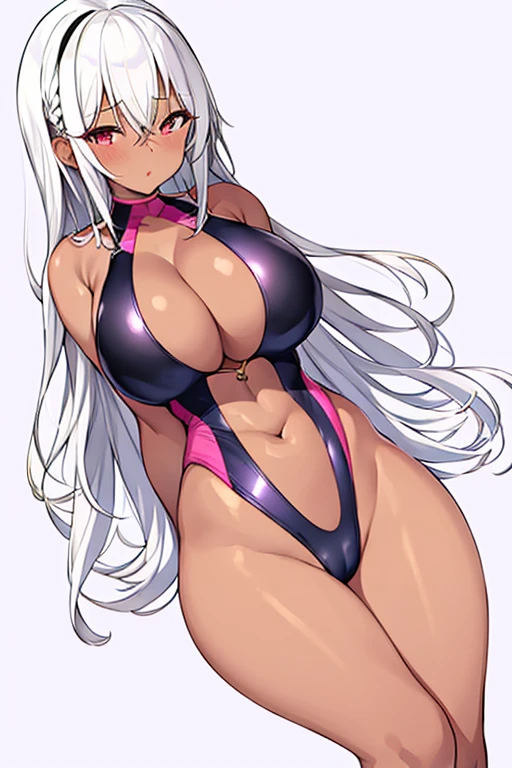 1girl, dark skin, dark-skinned female, white hair, long hair, huge breasts, breasts, wide hips, thick thighs, one-piece swimsuit, competition swimsuit, black swimsuit, pink trim, slingshot swimsuit, hands behind back, arms behind back, mature female, milf