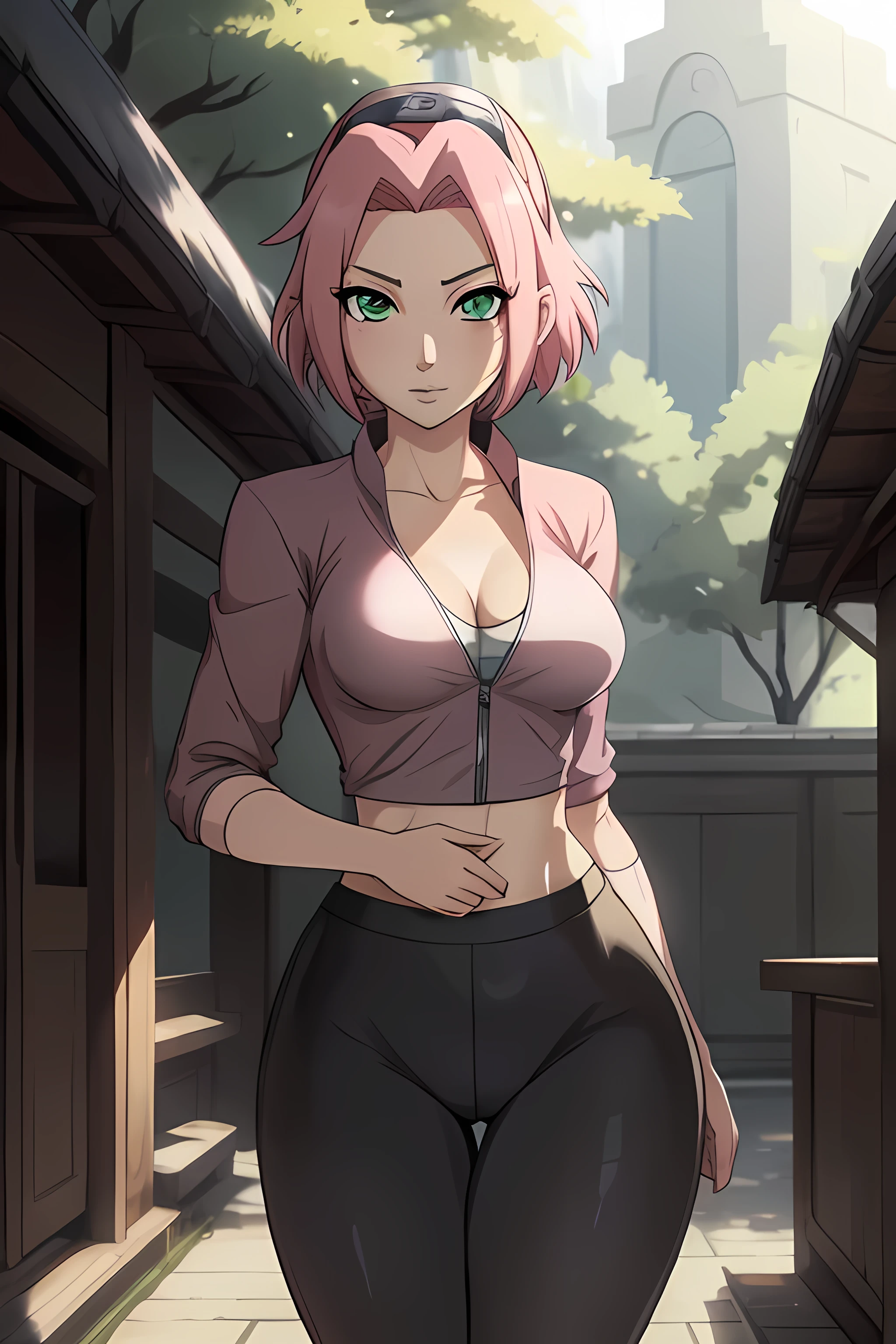 ((ultra quality)), ((masterpiece)), haruno sakuro, naruto, ((pink short hair)), (beautiful cute face), (beautiful female lips), charming, ((sexy facial expression)), looks at the camera, eyes slightly open, (skin color white), (blue skin), glare on the body, ((detailed beautiful female eyes)), ((green eyes)), (juicy female lips), (black eyeliner), (beautiful female hands), ((ideal female figure)), ideal female body, beautiful waist, gorgeous thighs, beautiful small breasts, ((subtle and beautiful)), stands temptingly (close up of face), (sakura haruno clothing, black tight shorts leggings, Hidden Leaf Village Shinobi Clothes) background: hidden leaf village, Naruto Shippuden, ((depth of field)), ((high quality clear image)), (clear details), ((high detail)), realistically, professional photo session, ((Clear Focus)), anime, midriff, cleavage