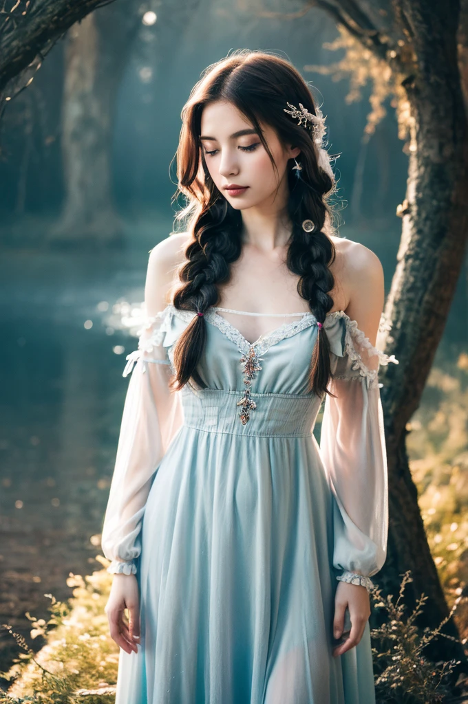 ( masterpiece, top quality, best quality,8k,17 years old girl,ultra detailed,raw photo:1.5),(photorealistic:1.4),(cinematic lighting), PerfectNwsjMajic, , Surrealism, UHD, ccurate, Super detail, textured skin, High detail, Best quality, dynamic angle, (high nose,White skin),[Beautiful blue eyes],[flat chest:large breasts:0.5],(1girl),(good anatomy:0.5)), of a woman in a dress with a Magic , ((a beautiful fantasy empress)), beautiful fantasy maiden, Dreamy atmosphere,mystical ambiance, Artistic interpretation,a whimsical illustration, Subtle colors and tones, mystical aura,portrait, braid