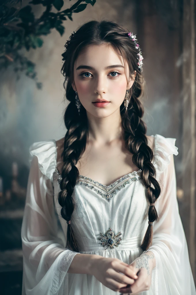( masterpiece, top quality, best quality,8k,17 years old girl,ultra detailed,raw photo:1.5),(photorealistic:1.4),(cinematic lighting), PerfectNwsjMajic, , Surrealism, UHD, ccurate, Super detail, textured skin, High detail, Best quality, dynamic angle, (high nose,White skin),[Beautiful blue eyes],[flat chest:large breasts:0.5],(1girl),(good anatomy:0.5)), of a woman in a dress with a Magic , ((a beautiful fantasy empress)), beautiful fantasy maiden, Dreamy atmosphere,mystical ambiance, Artistic interpretation,a whimsical illustration, Subtle colors and tones, mystical aura,portrait, braid