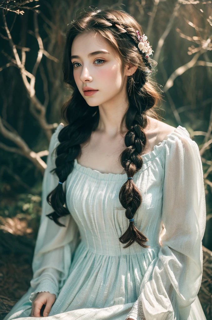 ( masterpiece, top quality, best quality,8k,17 years old girl,ultra detailed,raw photo:1.5),(photorealistic:1.4),(cinematic lighting), PerfectNwsjMajic, , Surrealism, UHD, ccurate, Super detail, textured skin, High detail, Best quality, dynamic angle, (high nose,White skin),[Beautiful blue eyes],[flat chest:large breasts:0.5],(1girl),(good anatomy:0.5)), of a woman in a dress with a Magic , ((a beautiful fantasy empress)), beautiful fantasy maiden, Dreamy atmosphere,mystical ambiance, Artistic interpretation,a whimsical illustration, Subtle colors and tones, mystical aura,portrait, braid