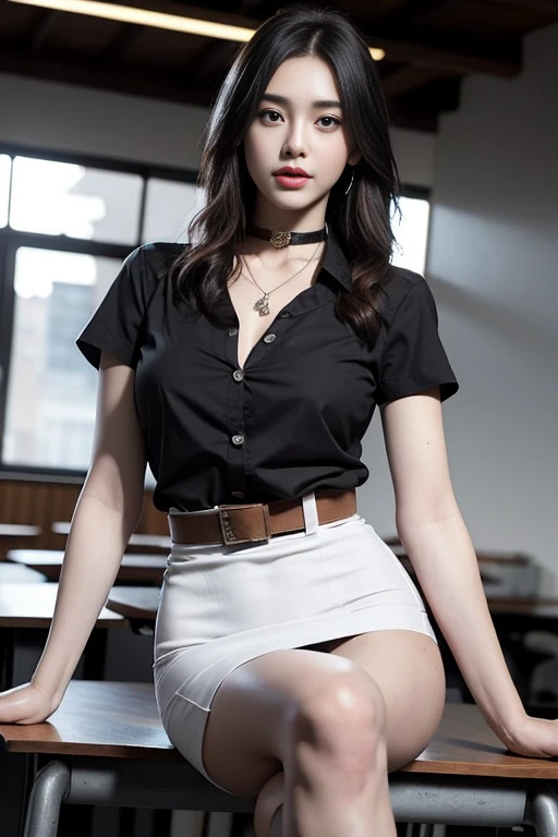 (Masterpiece, best quality, alone, รายละเอียดที่complicated, Chromatic aberration), realistic, ((Moderate breath)), hair on one eye,purple eyes, earring, sharp eyes, choker, (symmetrical eyes),(Perfect symmetrical body),Photo of a beautiful 24 year old girl, Beautiful and charming with contemporary fashion paintings as well..., looking at the audience, ((in the classroom background)), (1 Girl),(black short skirt), (Fitted white short sleeve shirt, Unbuttoning the buttons, revealing a little of the chest..), ((Short black pencil skirt with deep slit at the side.)), sugar belt, ((Put your hands down.)),copper blonde hair, bob, round chin, Art lens 85mm, Sharp focus, High resolution 8K, Crazy details, complicated, elegant,sitting on the study table Lift one leg to eye level, legs slightly apart.,big breasts,Big breasts, dynamic gesture, big breasts