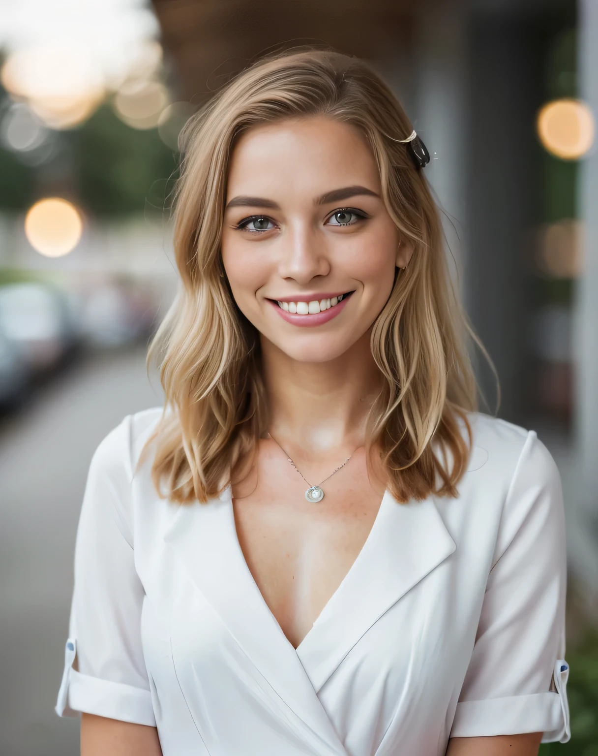 (beautiful, detailreiches Haar blond, blaue Augen, beautiful teeth, whole body recording, in der schule mit einem Telefon  in der hand in einem roten Sommerkleid  (Adorable freckles), (charming smile, schelmischer Ausdruck), (verspielte Pose), (business dress), (wunderliche Brise, wallende Haare), (Bokeh-Hintergrund), (lebendige Farben, rich tones), (froh, sorglos), (fesselnd, Zauberhaft)