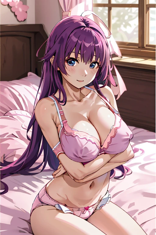 1lady, seduction,senjougahara hitagi, ((hitagisenjougahara)), upper legs, Long hair , Blue eyes,, , Purple hair, large
breasts, Very long hair,Lie face up on the bed、(midriff peek:1.3)、(Pink Bra:1.5)、(Pink Panties:1.5)、(Off the shoulder)、Glowing Skin、Natural Light、Sunshine、Perfect hands、Hide your arms behind your body、cleavage、(puffy nipples:1.4)