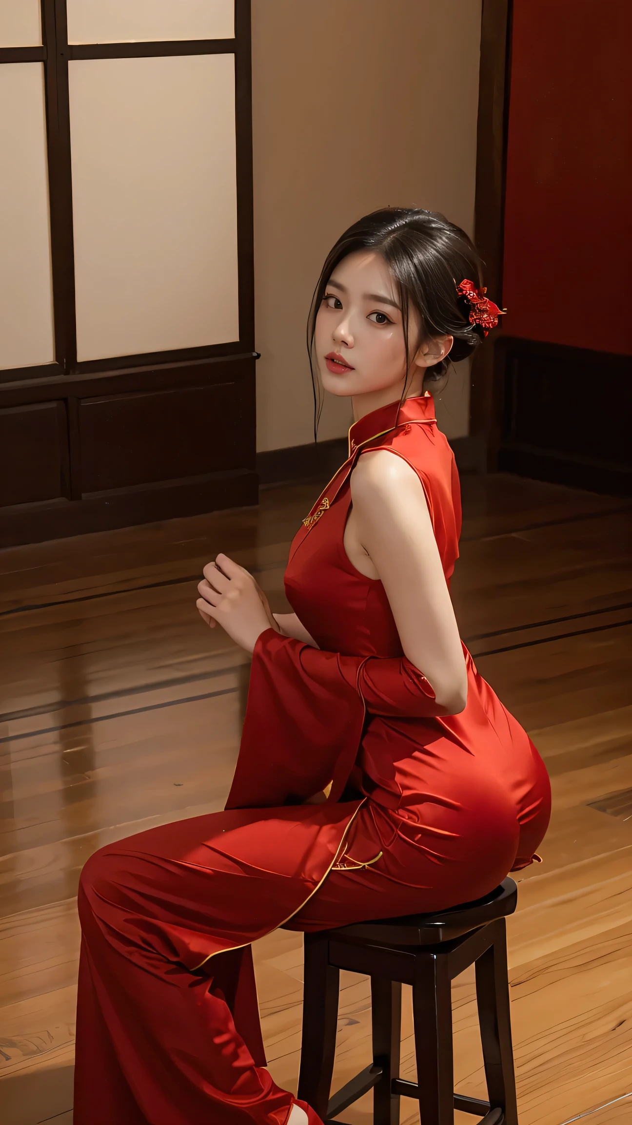 a close up of a woman in a red dress sitting on a stool, full body xianxia, sexy pose, black and red silk clothing, gorgeous chinese model, very sexy pose, red hot, xision wu, sexy look, chinese girl, full body photoshoot, sexy style, wearing a red cheongsam, very sexy devil outfit